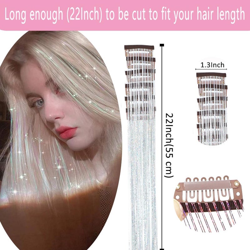 EROADE Hair Tinsel Clip in 12 Pcs Silver Hair Tinsel Kit for Girls 22 Inch Glitter Fairy Tinsel Hair Extensions Colorful Heat Resistant Party Festival Accessories for Women Kids (silver) - Image 3